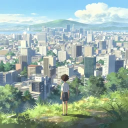 infinitely detailed beautiful!, city bright daylight background dreamy!, anime by shinkai makoto, highly detailed, lonely scenery yet peaceful!!, atmospheric, ambient lighting!, drawn by tatsuki fujimoto