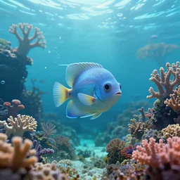 photo of an extremely cute alien fish swimming an alien habitable underwater planet, coral reefs, dream-like atmosphere, water, plants, peaceful, serenity, calm ocean, tansparent water, reefs, fish, coral, inner peace, awareness, silence, nature, evolution, 8K,
