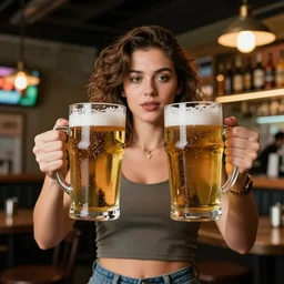 beer advertise still - close portrait pretty girl carries two big glasses of beer, modern pub, reflections, sharp focus, bokeh effect, octane render, rtx, intricate details, 8 k, hyper realistic, mirrors, 7 0 s style