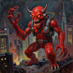 an oil painting of atompunk red alert monster that consumes new york city in style of lovecraftian horror by simon bisley