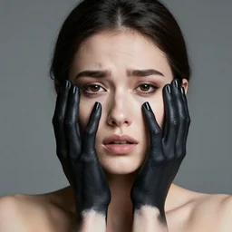 a beautiful woman with black - painted hands on her face, despaired look, detailed face - n 4