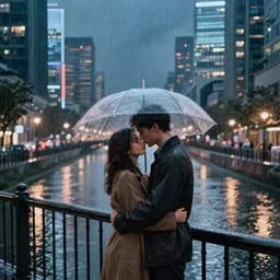 two lovers hugging in the rain at night in a modern chinese city next to a canal, high quality digital art, trending on arstation, dreamlike, hyperrealist illustration