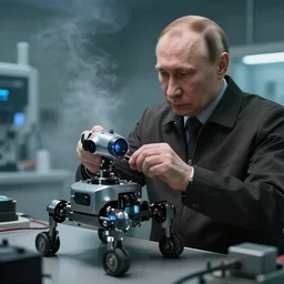 vladimir putin putting the finishing touches on a small weaponized robot, cinematic moody lighting, smoky laboratory, sharp focus, imax