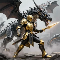 black and gold knight fighting cyber dragon, honorable, cinematic, sharp