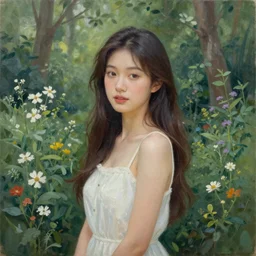 an oil painting portrait of beautiful young girl posing in the backdrop of a dense beautiful forest, flowers and little plants are growing out of her body and face, the girl is surrounded by butterflies, gloomy atmosphere, an award winning oil painting