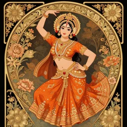 beautiful and playful ginger hindu dancer, art nouveau, fantasy, intricate indian flower designs, elegant, highly detailed, sharp focus, art by chie yoshii