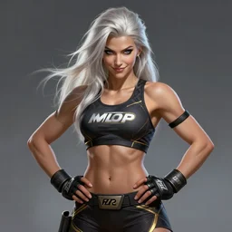 a highly detailed illustration of fierce platinum blonde woman wearing mma gear, dramatic smile pose intricate, elegant, highly detailed, centered, digital painting, artstation, concept art, smooth, sharp focus, league of legends concept art, WLOP