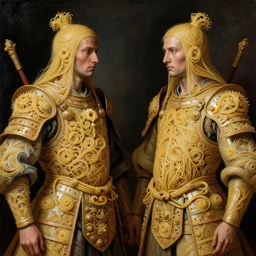 siamese twins made of spaghetti, intricate, elegant and detailed armor made of spaghetti fractals, ancient warrior, samurai style, by giuseppe arcimboldo and ambrosius benson, renaissance, intricate and intense oil paint, a touch of beksinski, realistic