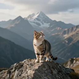 a cat standing on the peak of a mountain range, looking up, realistic, epic lighting, epic composition, 4 k