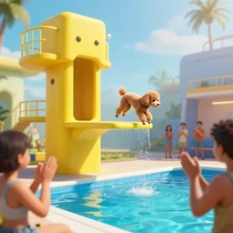 scene at the yellow 1 0 m tower of a swimming pool. a poodle is jumping into the swimming pool from the 1 0 m high tower platform. people are applauding. cyberpunk rendering unreal engine 8 k