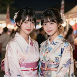 two beautiful fashion taiwan girl wear elegant yukata in festival | | big eyes, summer night, realistic shaded, smile, good looking, fine details, 4 k realistic, cryengine, realistic shaded lighting poster by hisaji hari