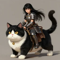 a serious looking girl riding on a large fat black and white cat wearing armor, painted by Boris Vallejo