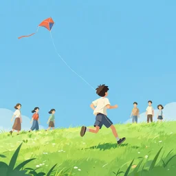 a boy running while flying a kite through a grassy field with blue sky background, clean cel shaded vector art. shutterstock. behance hd by lois van baarle, artgerm, helen huang, by makoto shinkai and ilya kuvshinov, rossdraws, illustration
