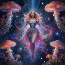 portrait of queen of dreams, extremely beautiful is floating and merging among many nebula stars with lots of gigantic mushrooms and jellyfish, symmetrical composition, by gediminas pranckevicius, rafal olbinski, rob gonsalves, peter gric, digital painting, octane rendered, crepuscular rays, neon colors vibrant colors, trending on artstation