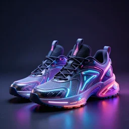 futuristic generative design sneakers with neon lights in the style of cyberdog, product shot, dynamic lighting, octane render