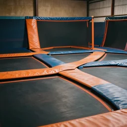 empty trampoline park, realistic, nostalgic, detailed. realistic, detailed, hyper realistic.