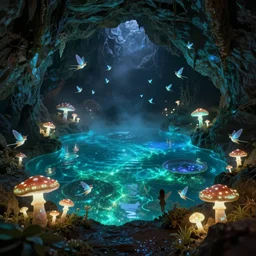 a beautiful, highly detailed and realistic bioluminescent pool in a dark cave full of glowing mushrooms, fifty tiny faeries fly around, atmospheric fog, masterpiece, stunning, panavison
