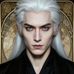 portrait of 4 0 - year - old man with white hair with a pale complexion, pointed face and grey eyes, clear smooth face, no beard, wearing black clothes, haughty facial expression, hyper realistic face, beautiful eyes, close up, fantasy art, in the style of greg rutkowski, intricate, alphonse mucha, hyper detailed, smooth