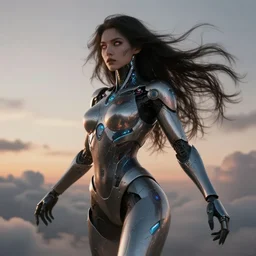 a diabolical beautiful female cyborg girl, long hair flowing on the wind, adaptive armor, dynamic pose, heavy eyes to the side, by navanh chanthara, glowing veins and cracks, in clouds, sunset, portrait, by gerald brom, by mikhail vrubel, by peter elson, muted colors, extreme detail, reflections, trending on artstation, 8 k