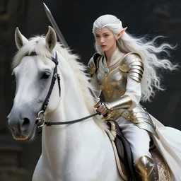 a fantast beauty detailed elf douzten kroes riding a white horse, with a curved sword, platinum white wavy long hair, white headband in the front with diamonds, jewelry body armor in golden and silver colors, pointy ears, detailed, epic masterpiece of cinematographic hyperrealism, realistic shaded lighting poster by craig mallismo, artgerm, jeremy lipkin and michael garmash