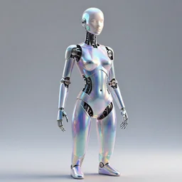 3d render of holographic human robotic made of glossy iridescent, full body robot, full body render, surrealistic 3d illustration of a human non-binary, non binary model, 3d model human, cryengine, made of holographic texture, holographic material, holographic rainbow, concept of cyborg and artificial intelligence