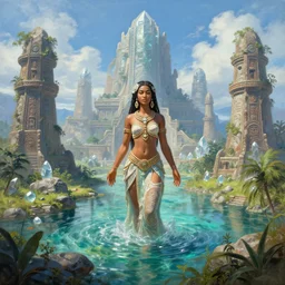 polynesian peace goddess, crystal clear fertile lemuria architectural marvels, crisp realistic fantasy art painting