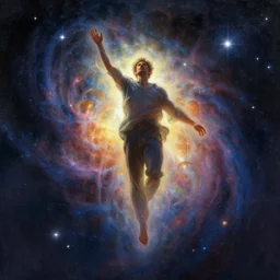 digital painting of a man ascending to galactical bliss, stars and nebulas behind, dynamic lighting, cinematic shot, concept art, sci - fi, fantasy, artstation, artem demura, alphonse mucha