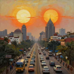 ecopunk dhaka city under twin suns , Dhaka traffic, realistic painting, classical painting, high definition, digital art, matte painting, vibrant, mystical, fantasy art, very detailed, realistic