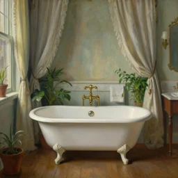 a painting of a romantic victorian bathroom, an antique white clawfoot bathtub, curtains, plants, wooden floor, soft lighting from the left, by jeremy lipking, ron hicks, joseph todorovitch