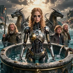 detailed ultrarealistic photography front medium shot of biopunk sadie sink, starwars, dragonslayer, fantasy, waterworld, postapocalyptic, cyberpunk cyborg, leyendecker, norman rockwell, greg rutkowski, artstation cinematic, vray game of thrones, lord of the rings