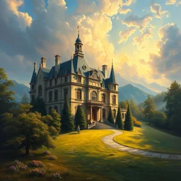 beautiful oil painting of a chateau in a serene landscape, by albert bierstadt, magic realism, narrative realism, beautiful matte painting, heavenly lighting