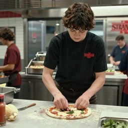 Film Still of Steve Harrington working in a pizza parlor making pizza in the new Stranger Things episode, 4k