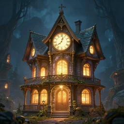 clock house, magical world, by greg rutkowski, sung choi, photo realistic, 8 k, cinematic lighting, hd, atmospheric, hyperdetailed, trending on artstation, devainart, digital painting, glow effect