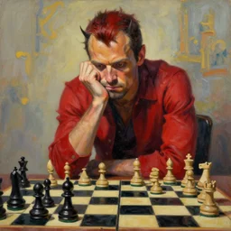daredevil pondering next to a chess set, photograph, octane, painting by greg ruthowski, artstation