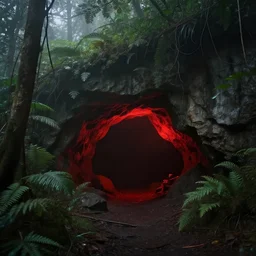 (((red glow))) coming from cave entrance in ethereal lush forest with mystical ambiance and fog, desaturated, realistic, sharp focus, highly detailed, by artgerm