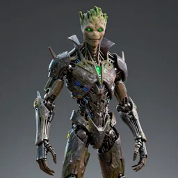 human goth groot ; slender ; vampire ; wearing high tech armour ; robot ; glowing green eyes ; trending on artstation ; high detail ; digital art