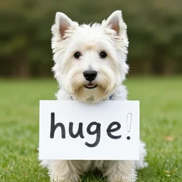 a westie holding a sign that says hug me!