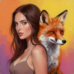 painting of [ hybrid between megan fox & fox ], intercrossed human & animal, human face with fox whiskers and ears, half of the face has no skin at all, artstation, 4 k, mixture, by zdzislaw beksinski,, logical anatomy, bright hue's, vibrant tone gradient background, concept art, beautiful composition, digital painting,