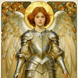realistic detailed painting of a 1 6 - year old girl who resembles millie bobby brown, as an angel with a golden halo wearing intricate, detailed art nouveau armor and silk, by alphonse mucha, ayami kojima amano, charlie bowater, karol bak, greg hildebrandt