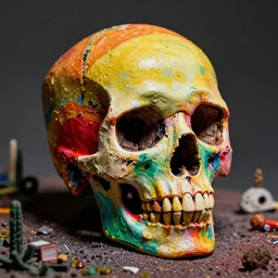 a rainbow skull thinking of a creative idea to make art with, 3 d hd andy warhol vintage style, brutalist primitivism expressionism, texture emotion memento mori we all die, posterized, miniature effect diorama, 3 5 mm grainy film
