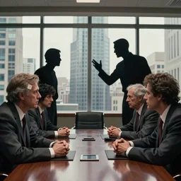 cinematic view of hyper realistic orwellian shadow figures arguing at a boardroom table in front of a skyscraper windows by cedric peyravernay, by dave melvin, by jorge jacinto, depth of field, sharp focus, pop art style, intricate, high detail, digital art, ultra realistic, cinematic lighting, artstation, 3 5 mm film grain