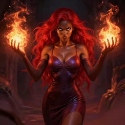 portrait of beautiful sorceress, black skin, skintight dress, mystical, red hair, angry, fireballs, dark fantasy, highly detailed, smooth, sharp focus, digital illustration, by rossdraws, sakimichan, wlop