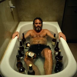 the upper wide shot of the old bathroom, drunk bearded joaquin phoenix lying in bath, many empty beer bottles in the water, still shot from the movie of stanley kubrick with cinematography of christopher doyle, dark old room, anamorphic, kodak film, sharp focus, realistic, ultra wide 1 2 mm lens, 8 k