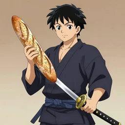 a samurai holding a French baguette in his hand instead of a sword, anime style