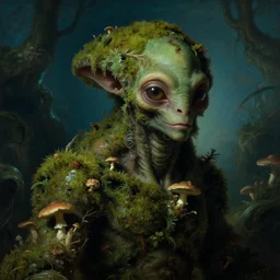 a close - up rococo portrait of an alien creature covered in moss, mushrooms, and swamp, 1 8 th century painting by jean - honore fragonard and moebius. gloomy blue green environment, blurry organic dark background. sci - fi renaissance masterpiece. artstation
