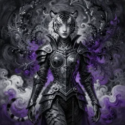 tom bagshaw, soft painting fractal curiosities carnival, very beautiful female mutation tigress in full nightshade gothic armor, accurate features, focus, very intricate ultrafine details, black white purple volumetric clouds, award winning masterpiece, octane render 8 k hd