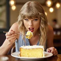 taylor swift eating yellow cake on a plate, bokeh