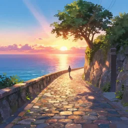 a lonely cobblestone street with a tree on a cliff over the sea at sunset, brightly illuminated by rays of sun, artstation, colorful makoto shinkai illustration, by peter chan, day of the tentacle style, low camera angle