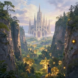 a magical view of a fairy tale landscape, thomas kinkade, beeple, ed hardy, breathtaking cliffs, gigantic cathedrals, far away, illuminated trees, artstation, unreal engine, daz, hyperrealistic, octane render, dynamic lighting