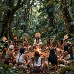 a shamanic gathering of a tribe in a magical forest, spiritual connection with the forest, extreme detail, sharp focus, 8 k, intricate, hyper detailed, cinematic lighting